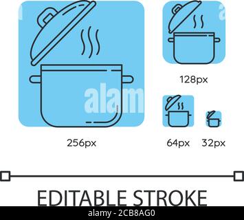 Set di icone lineari blu del recipiente di cottura. Ricetta per casseruola. Pentola con vapore. Brodo in stoviglie. Vettore a 32, 128, 64 e 256 px personalizzabile su linea sottile Illustrazione Vettoriale