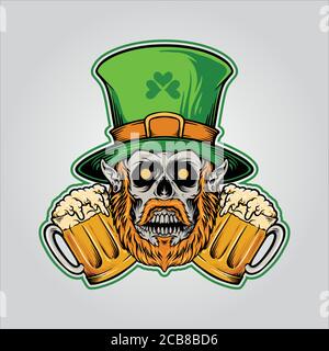 St patrick's Day mascotte Skull con Beer Glass Party Illustrazione Vettoriale