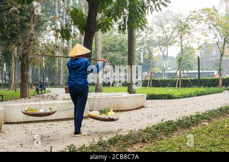 Una donna vietnamita anziana che indossa un cappello a cono tradizionale cammina con un giogo tradizionale del cesto di vimini don ganh in un parco. Vendita di cibo di strada ad Hanoi Foto Stock