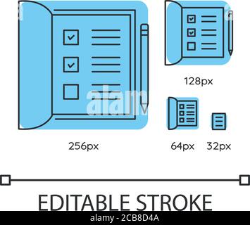 Aprire il set di icone lineari blu del notebook. Elenco con caselle di controllo selezionate. Contrassegnare le caselle per il polling. Sottili illustrazioni vettoriali personalizzabili da 256, 128, 64 e 32 px Illustrazione Vettoriale