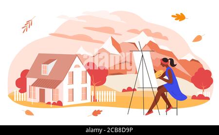 Illustrazione vettoriale autunnale art. Cartoon donna piatta artista pittore personaggio pittura stagionale quadro di villaggio autunnale paesaggio di montagna, bellezza della stagione autunnale con foglie arancioni isolato su bianco Illustrazione Vettoriale