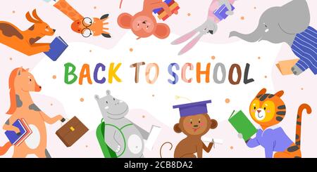 Ritorno a scuola, illustrazione vettoriale del concetto di istruzione. Cartoon piatto cute felice animale selvaggio che tiene borsa della scuola, libro e libro di testo con testo scritta di ritorno a scuola, sfondo educativo Illustrazione Vettoriale