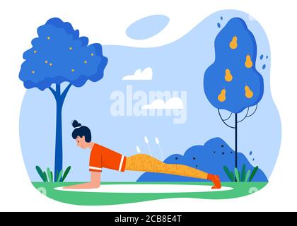 Yoga pratica sport attività flat vettore illustrazione. Cartone animato personaggio attivo ragazza praticare yoga asana esercizi in estate parco giardino esterno, sport sana attività in natura isolato su bianco Illustrazione Vettoriale