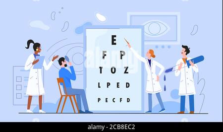 Illustrazione vettoriale piatta del concetto di medicina oftalmologica. Cartoon donna uomo medico oftalmologo caratteri controllo, test vista paziente, controllo medico in ospedale, background sanitario Illustrazione Vettoriale