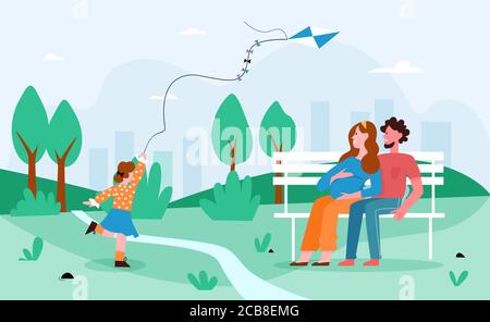 Persone in famiglia nel parco illustrazione vettoriale. Cartoon piatto felice gestante madre e padre passare il tempo insieme con la ragazza capretto nel parco della città, bambino che corre con aquilone, estate outdoor attività background Illustrazione Vettoriale