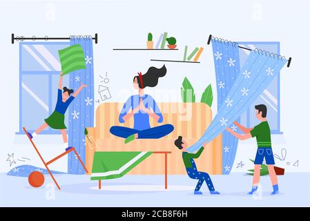 Illustrazione del vettore del tempo della famiglia madre. Cartoon piatto calma mamma personaggio seduta in yoga lotus asana posa, meditando quando i bambini fare il caos, bambini che corrono intorno. Parenting maternità sfondo Illustrazione Vettoriale