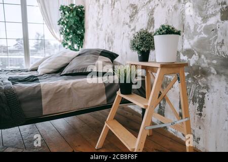 Camera da letto con un grande letto e ripiano in legno con piante domestiche Foto Stock