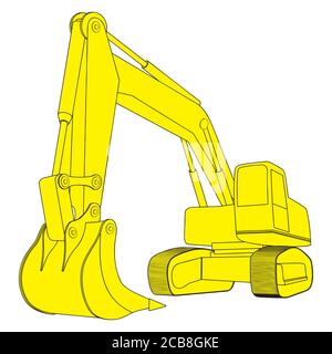 Retroescavatore, escavatore giallo, veicoli da costruzione. Concetto di escavatore semplice. Può essere utilizzato in web e altri scopi di progettazione per società di costruzione. Illustrazione Vettoriale