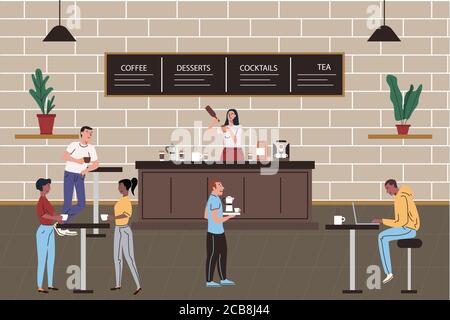 Caffè o ristorante interno con persone rilassanti. Barista ragazza fa e serve caffè vettore cartoon illustrazione piatta Illustrazione Vettoriale