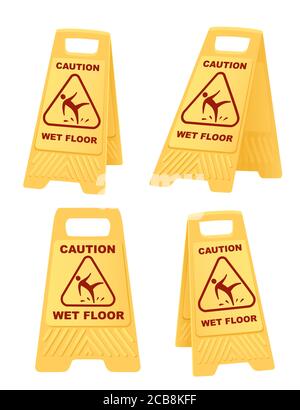 Set di cartelli di avvertenza gialli per il pavimento bagnato con immagine vettoriale piatta icona uomo cadente isolata su sfondo bianco Illustrazione Vettoriale