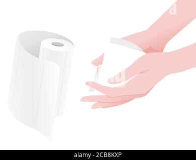 Immagine della persona che puliva le mani con carta assorbente per l'igiene sanitaria vettore piano di procedura su sfondo bianco Illustrazione Vettoriale