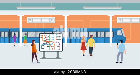 Illustrazione vettoriale metro piatta. Passeggeri in cartoni animati della metropolitana. Transito rapido. Moderni mezzi di trasporto pubblici urbani, metropolitana. Persone che guardano la mappatura della metropolitana e in attesa di auto della metropolitana Illustrazione Vettoriale