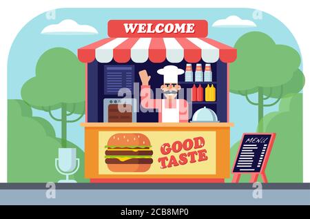 Illustrazione vettoriale piatta chiosco per fast food all'aperto. Burger venditore di strada, venditore in piedi dietro stand cartoon personaggio. Snack, cibo spazzatura. Menu Bistro. Buon venditore con baffi ondanti Illustrazione Vettoriale