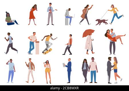 Insieme di persone diverse di folla che fanno varie attività di svago e di lavoro. Gruppo di cartoni animati piatti maschili e femminili personaggi isolati disegno trendy illustrazione vettoriale Illustrazione Vettoriale