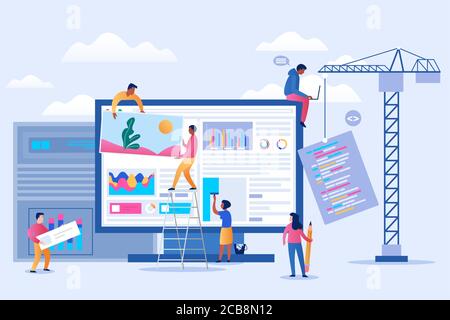 Pagina di destinazione in costruzione. Team professionale che lavora al progetto con il lavoro di squadra. Pagina di manutenzione, errore 404, interfaccia utente, illustrazione vettoriale del concetto di applicazione mobile Illustrazione Vettoriale