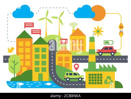 Illustrazione vettoriale piatta Smart City. Appartamenti edifici, case cittadine, auto ecologiche per le strade isolato clipart su sfondo bianco. Futuristica città cartoni animati minimal Internet mappa elemento di progettazione Illustrazione Vettoriale