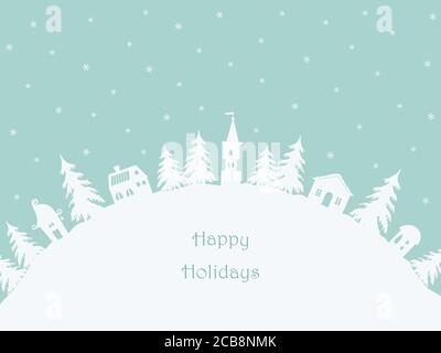 Sfondo di Natale. Villaggio invernale. Paesaggio invernale fiabesco. Ci sono case bianche e abeti su sfondo turchese nell'immagine Illustrazione Vettoriale