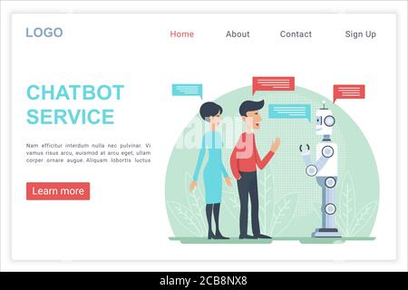 Modello vettore della pagina di destinazione del servizio chatbot. Moderna tecnologia ai homepage sito web interfaccia idea con flat vettoriale illustrazioni. Apprendimento automatico, web banner di assistenza internet concetto cartoon Illustrazione Vettoriale