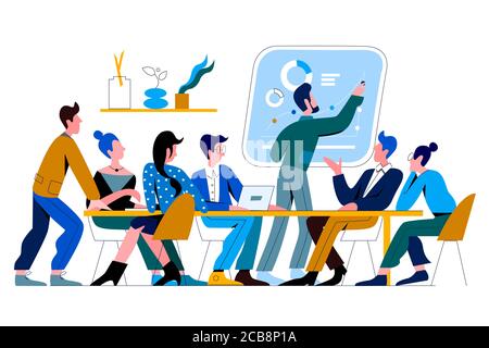 Illustrazione vettoriale piatta della sala conferenze. Riunione di gruppo, discussione di gruppo. Presentazione di Office. Spiegazione della strategia di marketing aziendale. Colleghi cartoni animati su sfondo giallo chiaro Illustrazione Vettoriale