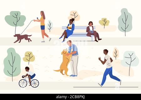 Set di illustrazioni vettoriali piatte per attività all'aperto. Felici uomini, donne e personaggi dei cartoni animati. Ciclismo, passeggiate con i cani, jogging e lettura di libri. Persone sorridenti riposano nel parco, attività ricreative all'aria fresca Illustrazione Vettoriale