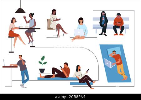 Persone che utilizzano gadget flat illustrazioni set. Giovani donne e uomini che chiacchierano online, comunicando. Dipendenza da gadget. Telefono, utenti di computer portatili navigazione, navigazione internet cartoni animati isolati su bianco Illustrazione Vettoriale