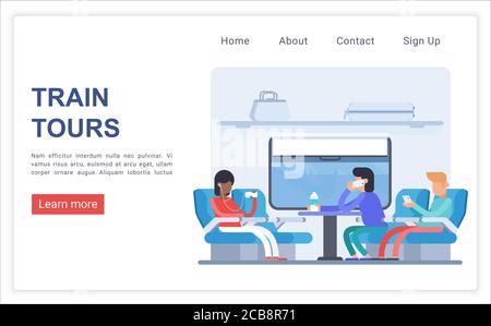 Modello vettore della pagina di destinazione dei tour del treno. Urban Travel, sito web dei trasporti urbani, layout dell'interfaccia con illustrazioni vettoriali piatte. Concetto di cartoni animati per il servizio di trasporto passeggeri Illustrazione Vettoriale