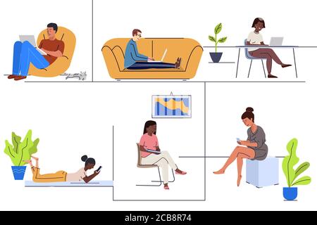 Giovani che usano gadget a casa flat vettoriale illustrazioni set. Telecomando di lavoro freelance. Donne e uomini che chiacchierano online con smartphone e computer portatili. Personaggi cartoni animati dei lavoratori freelance Illustrazione Vettoriale