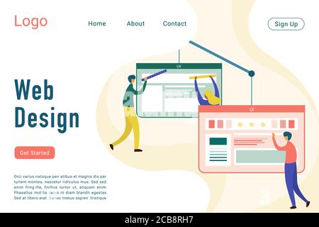 Modello di landing page piatta vettoriale per la progettazione Web. Layout interfaccia pagina principale UI, UX. Esperienza utente. Codifica, analisi, gestione dei contenuti. Banner Web usabilità, concetto di pagina web Illustrazione Vettoriale