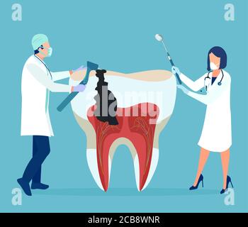Vettore di un dentista e il suo assistente che tratta il dente malsano con decadimento, perforazione Illustrazione Vettoriale