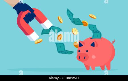 Vettore di un ladro uomo che tiene un magnete in mano rubando monete di denaro dalla banca piggy. Illustrazione Vettoriale