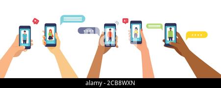 Vettore di giovani che utilizzano smartphone e comunicano tramite l'app per dispositivi mobili di social media. Illustrazione Vettoriale