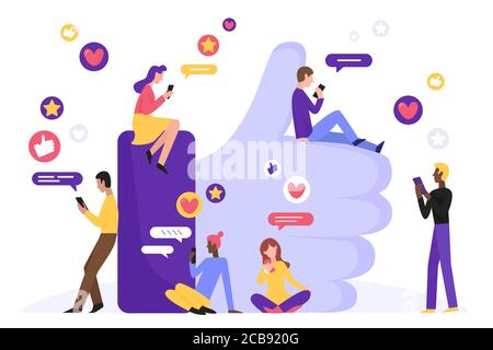 Come nell'illustrazione vettoriale piatta del concetto di carattere dei social media. Uomo e donna con smartphone vicino al simbolo della mano grande. Rete internet moderna sfondo di comunità con persone, cuore, messaggio, stella Illustrazione Vettoriale