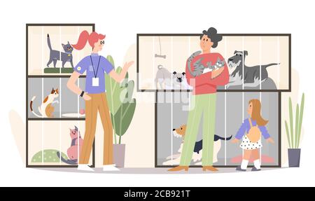 Famiglia che adotta Cat flat vettore illustrazione. Padre, ragazza felice capretto e lavoratore del negozio di animali domestici volontariamente personaggi cartoni animati. Persone in ricovero animale, genitori che acquistano animale domestico per bambini illustrazione vettoriale Illustrazione Vettoriale