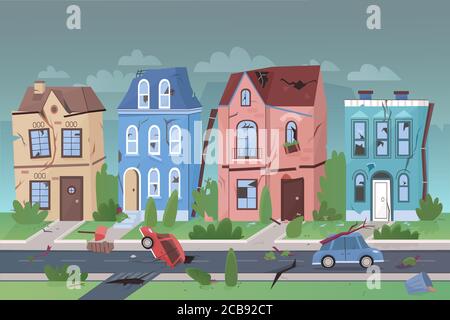 Terremoto natura disastro in piccola città piano cartone animato vettore illustrazione concetto. Facciate della casa danneggiate. Edifici distrutti, finestre rotte, auto in crepa, alberi abbattuti Illustrazione Vettoriale