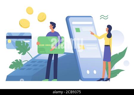 Internet banking, concetto di pagamento telefonico. Servizio di pagamento digitale o trasferimento di denaro online. Terminale POS per smartphone senza contatto a pagamento. Illustrazione vettoriale del modello di layout del sito Web Illustrazione Vettoriale