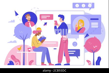 Persone che chiacchierano con gadget in social network flat vettoriale illustrazione. Comunicazione online, business chat bolle, Love Messenger, pagina del profilo, social media e concetto di marketing digitale Illustrazione Vettoriale