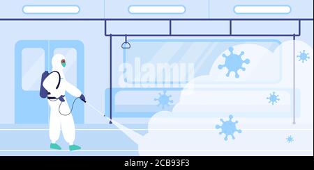 Disinfezione opere nel trasporto ferroviario carattere flat concept illustrazione vettoriale. Un uomo in tuta protettiva speciale nella metropolitana spruzzi con disinfettante chimico dallo zaino, rimuovendo il coronavirus Illustrazione Vettoriale