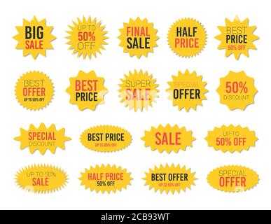 Set adesivi starbst vendita giallo - collcazione di etichette stardate e badge con i migliori cartelli di offerta e sconto. Illustrazione Vettoriale