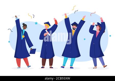 Illustrazione vettoriale per studenti laureati. Cartoon felice piatto laureati in abito accademico, cappellino di laurea in possesso di diploma, carattere che celebra l'università o la laurea di scuola isolato su bianco Illustrazione Vettoriale