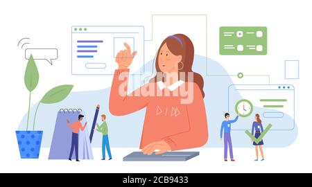 Multitasking, lavoro in un moderno carattere ufficio flat illustrazione vettoriale, il concetto astratto di gestione del tempo. Donna d'affari, assistente personale organizza attività efficaci, pianificazione strategica Illustrazione Vettoriale