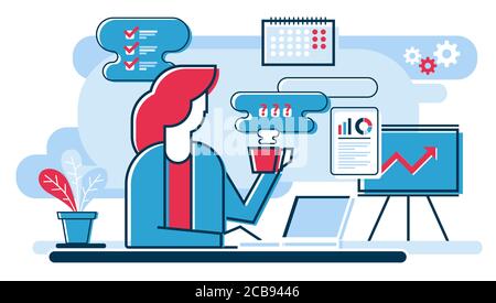 Illustrazione vettoriale del concetto di tempo di pausa caffè da ufficio. Cartoon piatto businesswoman personaggio drink e relax, tenendo una tazza di caffè caldo o tè, brainstorming business idea, seduta in ufficio interno Illustrazione Vettoriale