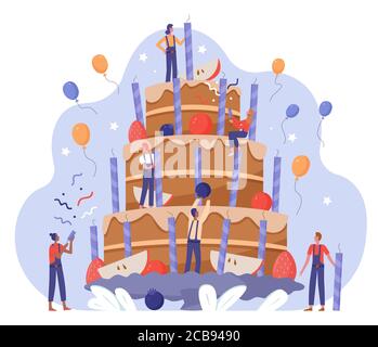 La squadra della gente decorare l'illustrazione del vettore della torta di compleanno. Cartoon minuscoli personaggi piatti che lavorano insieme sulla decorazione grande torta regalo di compleanno con crema, candele, frutti di bosco e decorazioni isolato su bianco Illustrazione Vettoriale
