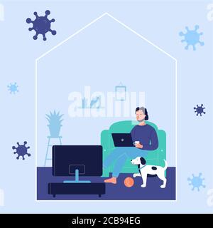 Giovane uomo che riposa sul divano e che lavora online con il computer portatile a casa con il cane durante la corona virus covid-19 tempo. Rimani a casa per prevenire la malattia di coronavirus, concetto di isolamento di quarantena Illustrazione Vettoriale