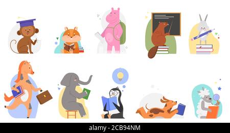 Gli animali studiano a scuola illustrazioni vettoriali. Cartoon piatto cute zoo animali personaggi ragazzini lettura libri, apprendimento alfabeto abc da libro di testo, insegnamento o studio concetto di istruzione set isolato su bianco Illustrazione Vettoriale