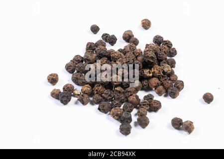 Pepe nero intero, isolato su bianco. Profondità di campo poco profonda, messa a fuoco sul centro del palo. Foto Stock