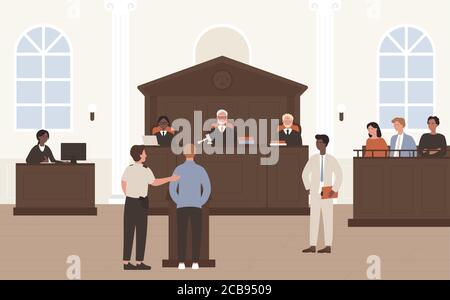 Persone in Corte illustrazione vettoriale. Cartoon flat avvocato avvocato barrister e personaggio accusato in piedi di fronte a giudice e giuria sul processo di difesa legale o tribunale, cortile interno background Illustrazione Vettoriale