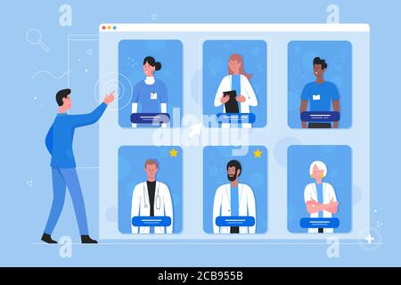 Registrazione on-line sull'illustrazione del vettore dell'appuntamento medico. Cartoon piatto uomo paziente carattere scegliere, ricerca specialista per dottorato trattamento consulenza. Background moderno concetto di medicina online Illustrazione Vettoriale