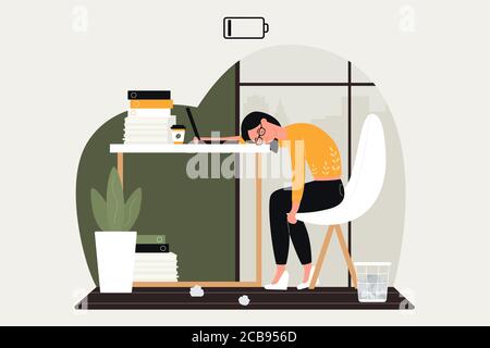 Illustrazione vettoriale problema di lavoro. Cartoon triste personaggio donna che lavora duro in crisi, sconvolto da problematical business task, donna d'affari seduto al tavolo, frustrato in emozionale overwork burnout Illustrazione Vettoriale