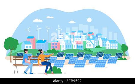 Illustrazione vettoriale piatta del concetto di energia verde della città alternativa. Cartoon città urbana con persone che godono di vista di eco-friendly complesso residenziale, case, mulini a vento, pannelli solari isolato su bianco Illustrazione Vettoriale