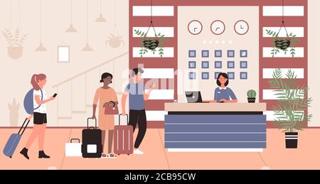 Illustrazione vettoriale delle persone che si trovano nella reception dell'hotel. Cartoon piano personaggi turistici felici che parlano con il receptionist dell'albergatore al banco della reception nella hall dell'hotel, all'interno della sala, processo di check in background Illustrazione Vettoriale